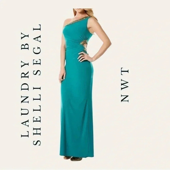 Laundry BY SHELLI SEGAL FORMAL MAXI DRESS WITH JEWELS SIZE 6 TEAL COLOR W CUTOUT - Picture 1 of 16